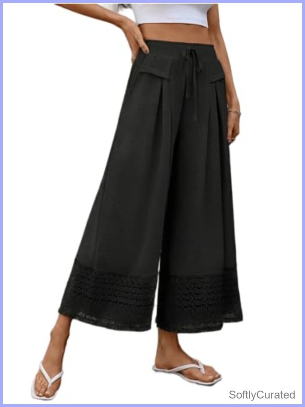 Wide Leg Palazzo Pants High Waist Drawstring Linen Blend Crochet Lace Pockets